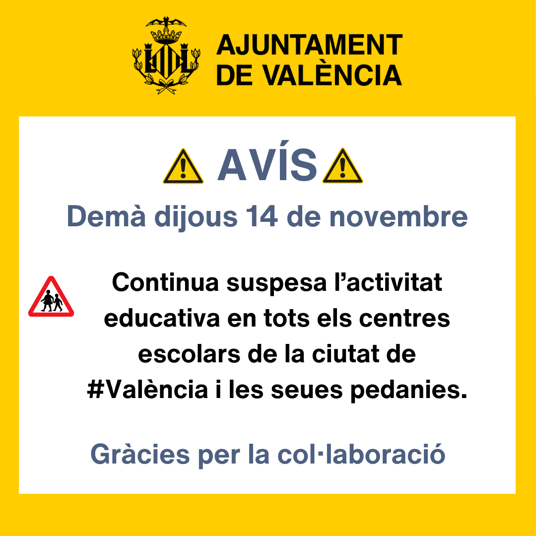 ⚠️ Per alerta meteorològica, restriccions <a href="/GVA112/">Emergències 112CV</a>, estat clavegueram i emergència 2 inundacions, #CECOPAL decidix mantindre suspesa l'activitat educativa, demà 14/11, a tota la ciutat i pedanies.
S'inclouen tots els centres socials, parcs, cementeris i <a href="/FDMValencia/">FDM Deporte València</a>.