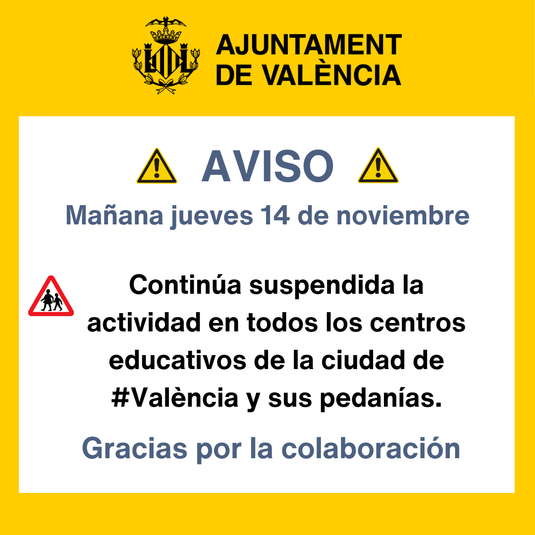 <a href="/GVA112/">Emergències 112CV</a> <a href="/FDMValencia/">FDM Deporte València</a> <a href="/GVAeducacio/">GVA Educació</a> <a href="/univ_po_pu_lar/">Universitat Popular València</a> <a href="/VLCVerda/">València Verda</a> <a href="/policialocalvlc/">PoliciaLocalValència</a> <a href="/AEMET_CValencia/">AEMET Comunitat Valenciana</a> <a href="/bomberosvlc/">Bombers Ajuntament València</a> <a href="/protecivilvlc/">Protecció Civil VLC</a> <a href="/FAMPAValencia/">FAMPA-València</a> <a href="/FCAPA_Valencia/">FCAPA Valencia</a> <a href="/FedVeinalVLC/">Federació d'Associacions Veïnals de València</a> ⚠️ Por alerta meteorológica, restricciones <a href="/GVA112/">Emergències 112CV</a>, estado alcantarillado y emergencia 2 inundaciones, #CECOPAL decide mantener suspendida la actividad educativa, mañana 14/11, en toda la ciudad y pedanías.
Se incluyen todos los c. sociales, parques, cementerios y <a href="/FDMValencia/">FDM Deporte València</a>.