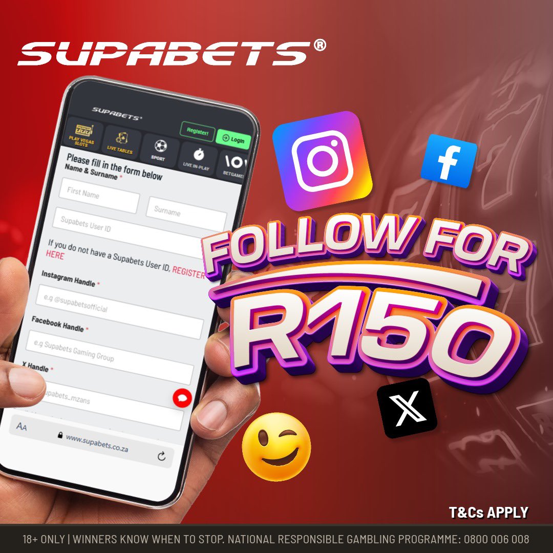 clickmediasport's tweet photo. Quick cash alert!
Follow Supabets @Supabets_mzansi on Facebook, Instagram, and Twitter for an instant R150 in bonus money!
Start here: https://t.co/0K9mEyReNm 💸
#Supabets #FollowForR150 https://t.co/wIXbZSr5bH