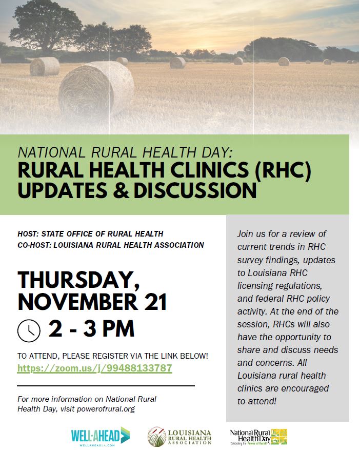 Join us today at 2 p.m. for a review of current trends in RHC survey findings, updates to Louisiana RHC licensing regulations, and federal RHC policy activity. RHCs will also have the opportunity to share and discuss needs and concerns buff.ly/48LySg4