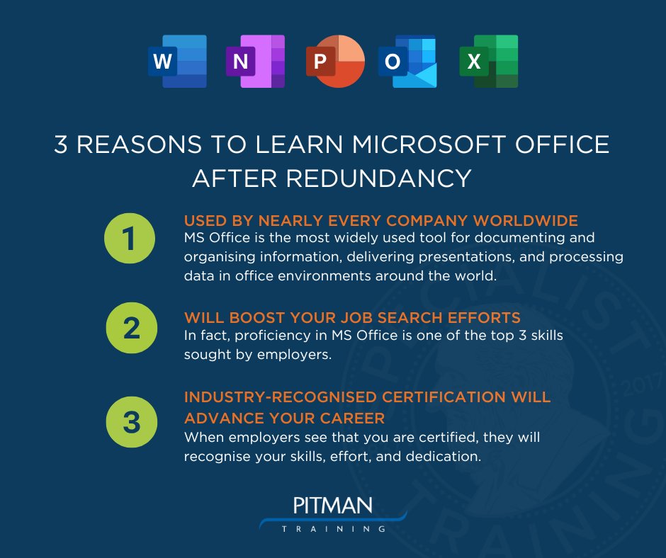 Made redundant? Stand out in the job market while others simply list "Microsoft Office" on their CV, you'll have proper credentials to back it up. Proof of your abilities speaks volumes to recruiters.

#PitmanTraining #MicrosoftOffice #Redundancy