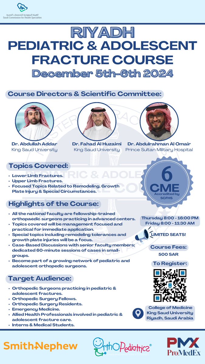 📢 Calling all ortho enthusiasts! 

Only 22 days until the Riyadh Pediatric &amp; Adolescent Fracture Course. 

Join us to dive into expert-guided learning, case studies, and much more! 🎯

🔗 Register now: forms.gle/oe2z5rN1dRZRFn…

#Orthopedics #OrthoCourses #RFC2024