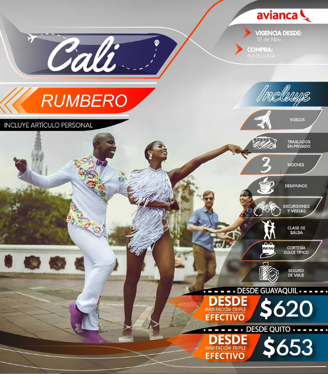aqtecuador's tweet photo. CALI RUMBERO
4 DÍAS  3 NOCHES

 INCLUYE:
✈️Boleto aéreo
🚐Traslado aeropuerto hotel – aeropuerto
🛏️3 noches en Hotel
🍽️Desayunos
🧳Articulo Personal
📷Excursiones y visitas
🕺 Clase de salsa
🔐 SEGURO DE VIAJE
🍱 Dulces típicos de la ciudad.
💸 Impuestos hoteleros https://t.co/Ou7RGH9TG3