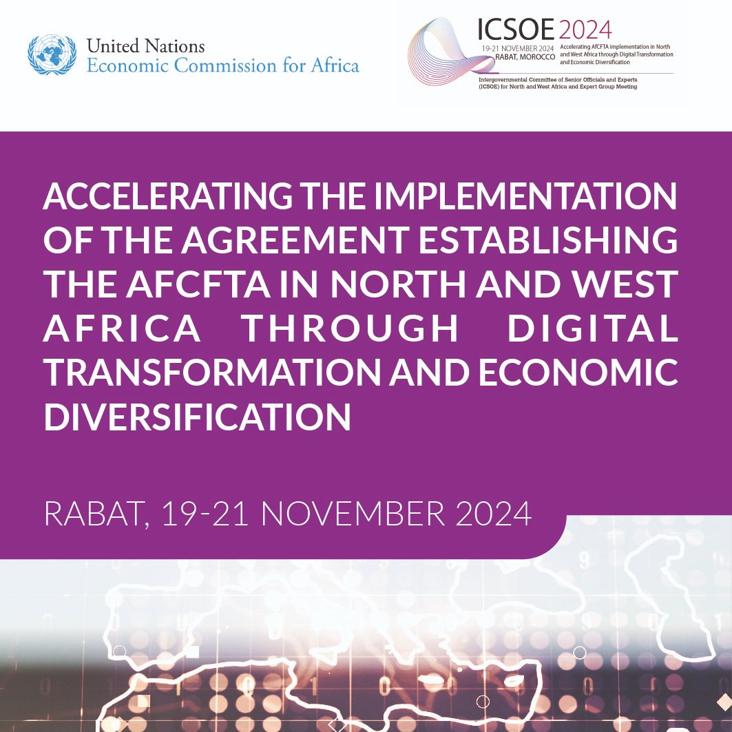 ECA_SROWA's tweet photo. 📢Join us in #Rabat 🇲🇦 or online for the 39th &amp; 27th #ICSOE2024 sessions for North &amp; West Africa from 19-21 Nov 2024! Focus: Accelerating #AfCFTAimplementation through digital transformation &amp; #EconomicDiversification. Don’t miss out!
Register here 👉 https://t.co/pwqWqds6OZ https://t.co/kvW6VRHS44