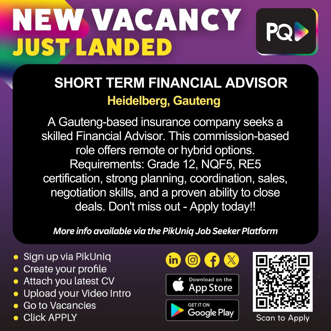 PikUniq's tweet photo. ☑ New Job Opportunity: #FinancialAdvisor - Based in Heilderberg, GP.

Explore this role and apply by creating your professional profile on the PikUniq Job Seeker Platform.

Access PikUniq anytime, anywhere—on mobile or desktop 👉 https://t.co/cobnljljYB

#PikUniq #JobSeekersSA https://t.co/7wEttuomZm