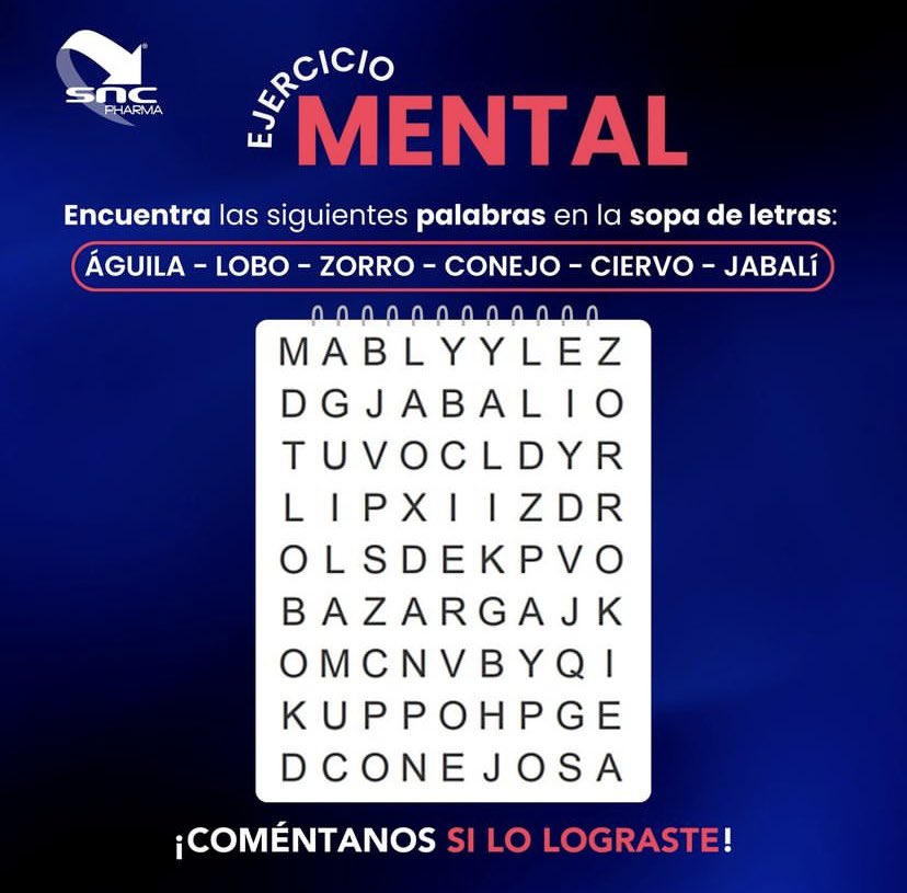 🔔EJERCICIO MENTAL🔔

Encuentra las siguientes palabras en la sopa de letras ¿Estás listo? ¡Déjanos tu respuesta en los comentarios y comparte!

Copyright© de SNC PHARMA®

#gimnasiacerebral #ejerciciomental #alzheimer