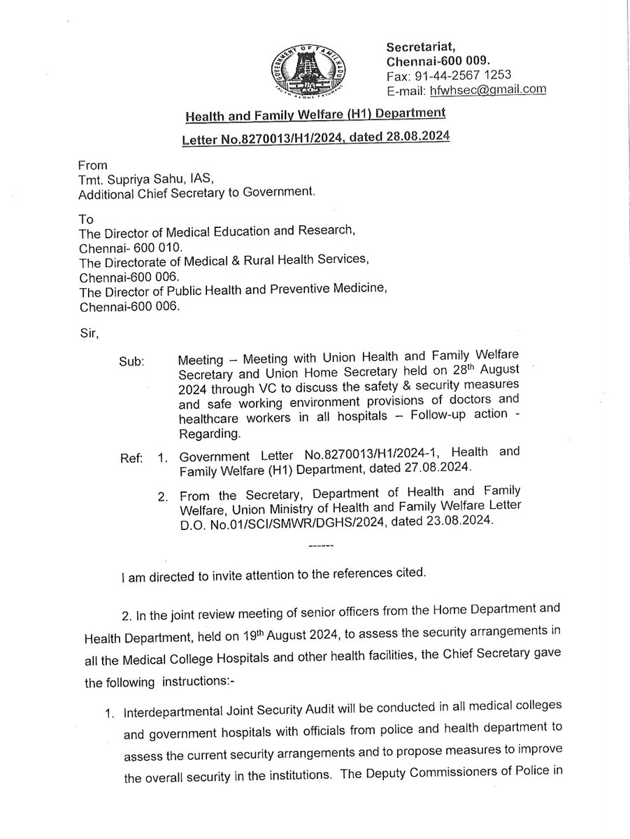 mahajournalist's tweet image. அரசு மருத்துவர், மருத்துவமனை பாதுகாப்பு - வழிகாட்டு நெறிமுறைகள் வெளியீட்டு கடந்த ஆகஸ்ட் மாதமே பணிகள் நடந்துவருவதாக @supriyasahuias தகவல். #DoctorAttack #doctorbalaji