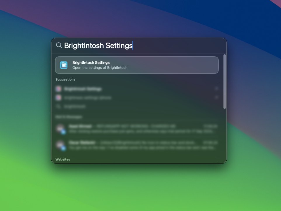 BrightIntoshApp's tweet photo. With the latest update to BrightIntosh, you can now hide the BrightIntosh menu bar item and open the preferences window using macOS Spotlight search!

If you don't know BrightIntosh yet, give it a try. Check out the link in our profile!
#macbook #Apple https://t.co/SYeFRUVJ5a