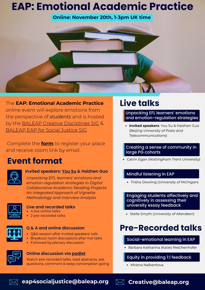 Iwona Pringle (@iwonapringle) on Twitter photo EAP: emotional academic practice? Join us on 20th Nov for a joint event <a href="/BALEAPCreative/">BALEAP Creative Disciplines SIG</a> & <a href="/EapForSJ/">EAP for Social Justice š§”</a> <a href="/baleap/">BALEAP</a> SIGs. Details, event padlet and registration link below. Share, watch, comment.
Teacher emotions event on 12th February 2025. Save the date! EAP: emotional academic practice? Join us on 20th Nov for a joint event <a href="/BALEAPCreative/">BALEAP Creative Disciplines SIG</a> & <a href="/EapForSJ/">EAP for Social Justice š§”</a> <a href="/baleap/">BALEAP</a> SIGs. Details, event padlet and registration link below. Share, watch, comment.
Teacher emotions event on 12th February 2025. Save the date!