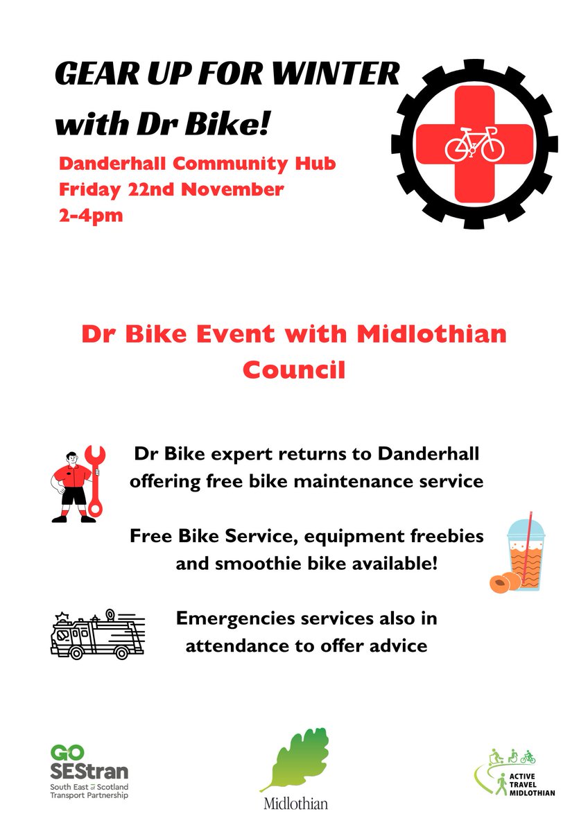 🚴❄️Gear Up for Winter with DR BIKE❄️🚴

Head along to Danderhall Community Hub on Friday 22nd  Nov 2-4pm.

🔧Free bike repair and maintenance service!
🥤Enjoy our Smoothie bike 
💡Cycling safety tips and equipment 

<a href="/midgov/">Midlothian Council</a>
<a href="/Active_Mid/">Active Midlothian</a>
<a href="/MidLibraries/">Midlothian Libraries</a>
<a href="/DanderhallPS/">Danderhall Primary</a>
