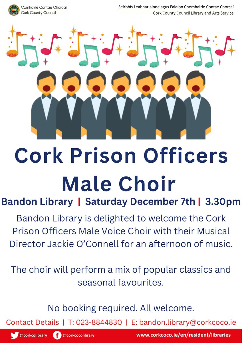corkcolibrary's tweet image. #BandonLibrary will be delighted to welcome the Cork Prison Officers Male Voice Choir, with their Musical Director, Jackie O’Connell, to the branch on Saturday 7th December,
Kicking off at 3.30pm, the choir will perform a mix of popular classics and seasonal favourites.
No…