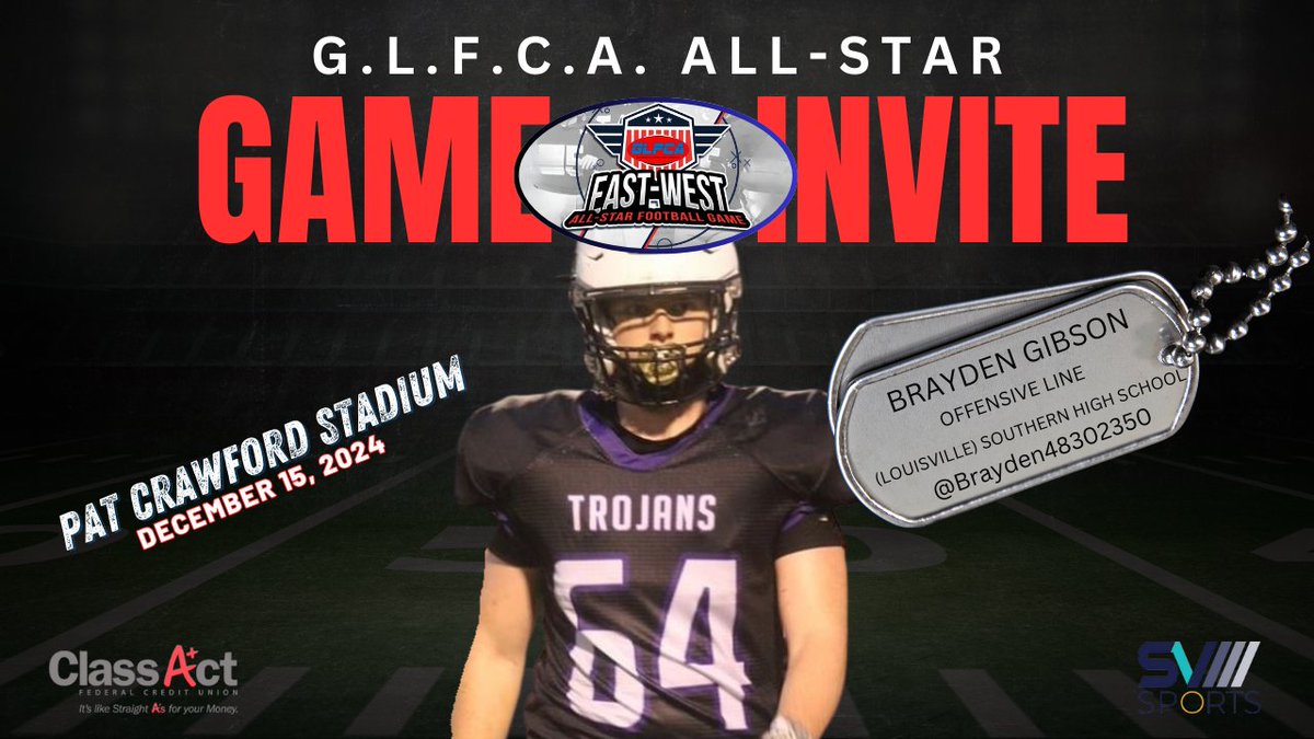 blts_network's tweet photo. 🚨@GLFCA1 EAST VS. WEST ALL-STAR FOOTBALL GAME INVITE🚨
DATE: DECEMBER 15, 2024
LOCATION: @Ballard_Bruins (LOUISVILLE, KY)
https://t.co/FyUY6x6cF4

☆Congrats to OL @Brayden48302350 of @STrojansfb on his OFFICIAL INVITE to the 2024 GLFCA East vs. West All-Star Football Game☆ https://t.co/zawCXLGZ6N