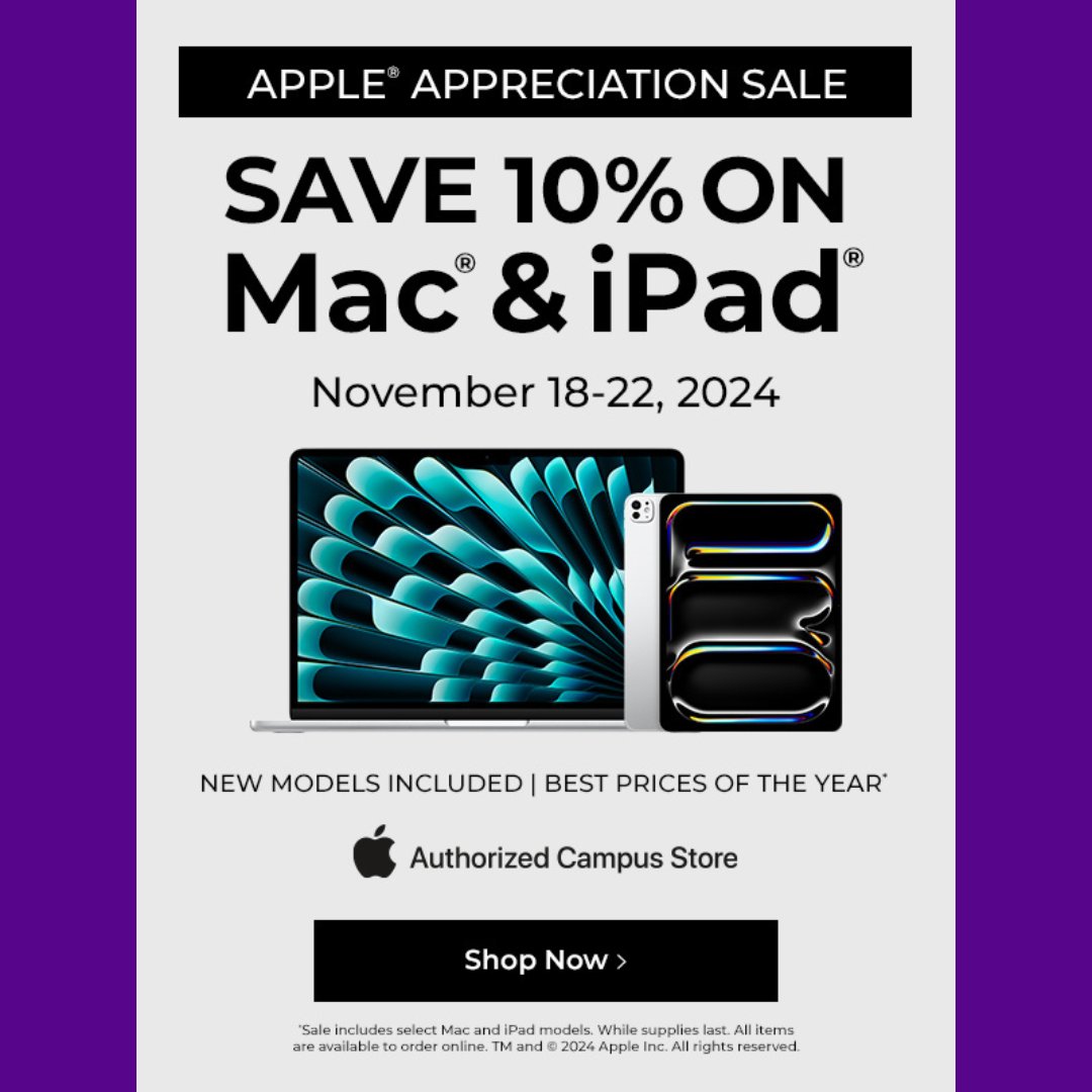 The @NYUBookstore semi-annual Apple appreciation sale is taking place November 18–22. #NYUAlumni can get some of the lowest prices of the year on Macs and iPads both in-store and online. View the pricing list: bit.ly/4a1AcvC and shop the sale online:
