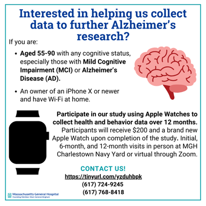 Are you over 55 &amp; experiencing memory issues or have Alzheimer’s? We are recruiting individuals to participate in a 12-month study using Apple Watches to collect health data. Participate &amp;  get $200 &amp; an Apple Watch upon completion. Visit tinyurl.com/yzduhbpk to learn more!