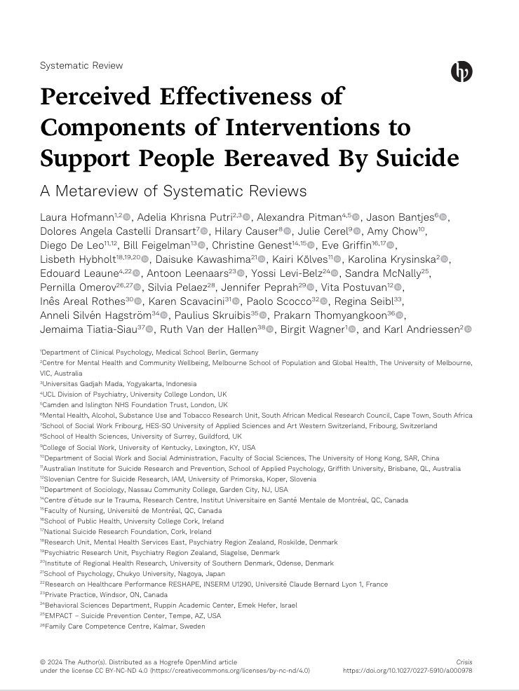 *New publication*

<a href="/EveGrif/">Eve Griffin</a> is a co-author on a paper in Crisis led by Laura Hofmann &amp; <a href="/KarlAndriessen/">Dr Karl Andriessen</a> 

▶ Findings provide crucial information for stakeholders to enhance the provision of evidence-based support for those bereaved by suicide.

ℹ️ lnkd.in/em2tnH3j