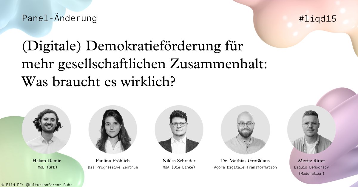 Wir freuen uns auf eine tolle Julibläumsfeier morgen!
Auf unserem #Panel gibt es zwei kurzfristige Änderungen: Leider werden Armand Zorn und  Prof. Dr. Isabelle Borucki nicht anwesend sein. Wir haben aber  mit @hakandemirnk und Mathias Großklaus tollen Ersatz gefunden! Danke! 💪