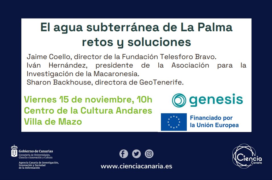genesisnbs (@genesisnbs) on Twitter photo 🫧No faltes a nuestra sesión en La Semana de la Ciencia 2024 “El agua subterránea de La Palma retos y soluciones”!👇
📍Centro Cultural Andares, Villa de Mazo, La Palma
🗓️Viernes 15 Noviembre
🕒10:00-11:30 h
✏️Inscripción laia.darmengol@lapalmacentre.eu
#scic24 #somosciencia 🫧No faltes a nuestra sesión en La Semana de la Ciencia 2024 “El agua subterránea de La Palma retos y soluciones”!👇
📍Centro Cultural Andares, Villa de Mazo, La Palma
🗓️Viernes 15 Noviembre
🕒10:00-11:30 h
✏️Inscripción laia.darmengol@lapalmacentre.eu
#scic24 #somosciencia
