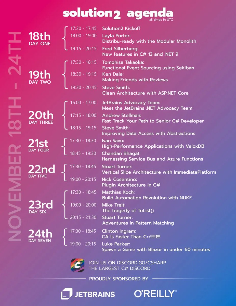 The #solution2 conference is happening next week! 🚀

My buddies from discord.gg/csharp put together an awesome lineup, and our #dotnet advocacy team at <a href="/jetbrains/">JetBrains</a> is proud to be selected for one of the sessions. 🥰

Check out the agenda, and hopefully see you there!