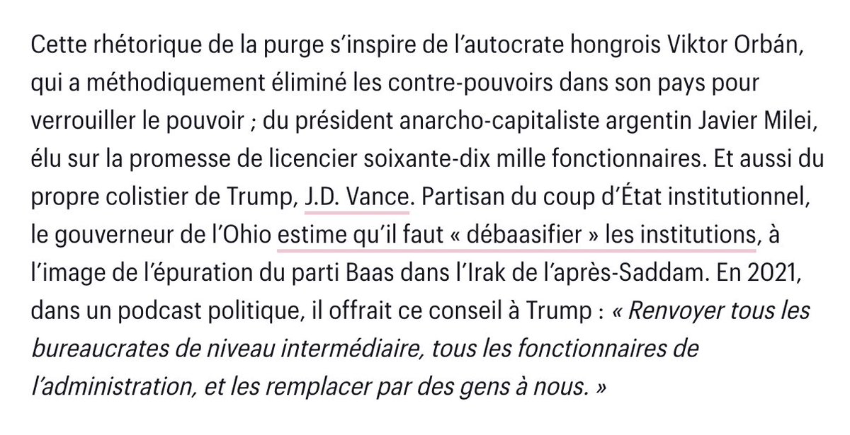 La nomination de Musk à un inédit ministère du cost-killing emprunte à la fois à Orbán (l'élimination méthodique des contre-pouvoirs), à Milei (la purge des fonctionnaires) et à J.D. Vance (leur remplacement par "des gens à nous"). Vade-mecum fasciste.

telerama.fr/debats-reporta…
