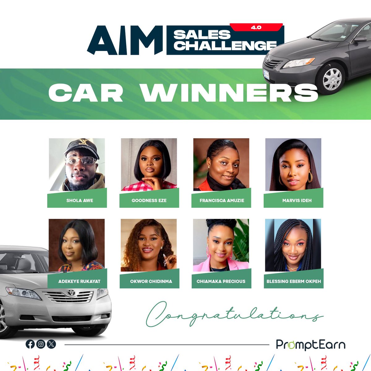 We know the AIM 4.0 Sales Challenge has come to an end.

However, we’d like to specially CONGRATULATE THE WINNERS OF THE TOYOTA CAMRY &amp; LEXUS CAR🔥

CONGRATULATIONS Adekeye Rukayat, you’re awesome ✨. 

CONGRATULATIONS Blessing Eberm Okpeh, your consistency shines 🔥.