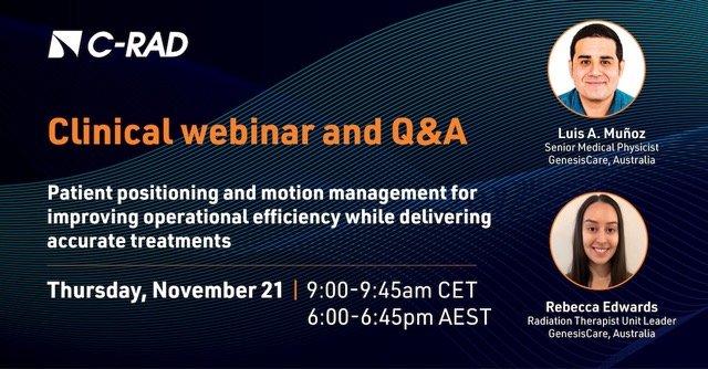 Join us on Nov. 21 for a C-RAD Webinar on improving patient positioning &amp; motion management for better operational efficiency and accurate treatments in radiation therapy.

🗓 November 21
⏰9:00 AM - 9:45 AM CET | 6:00 PM - 6:45 PM AEST
🔗Register here! 
us06web.zoom.us/webinar/regist…