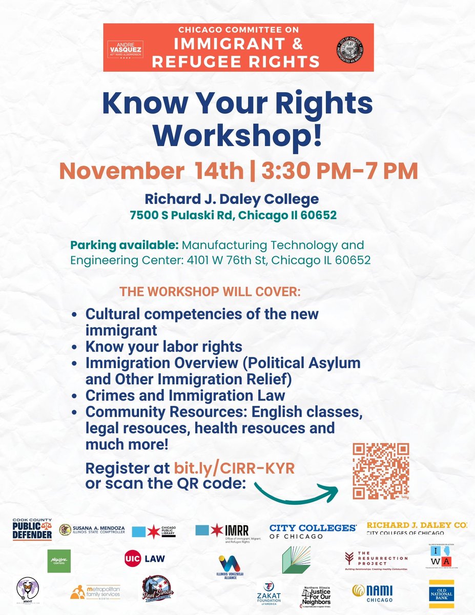ChicagoCIRR's tweet photo. ¡Te invitamos mañana el evento Conozca sus Derechos jueves 14 de noviembre en Richard J. Daley College! ¡Aprovechemos esta oportunidad para reunirnos para informarnos sobre inmigración, derechos de los inmigrantes y trabajo y conectarnos con los recursos de la comunidad! https://t.co/qVtI1WsLtN