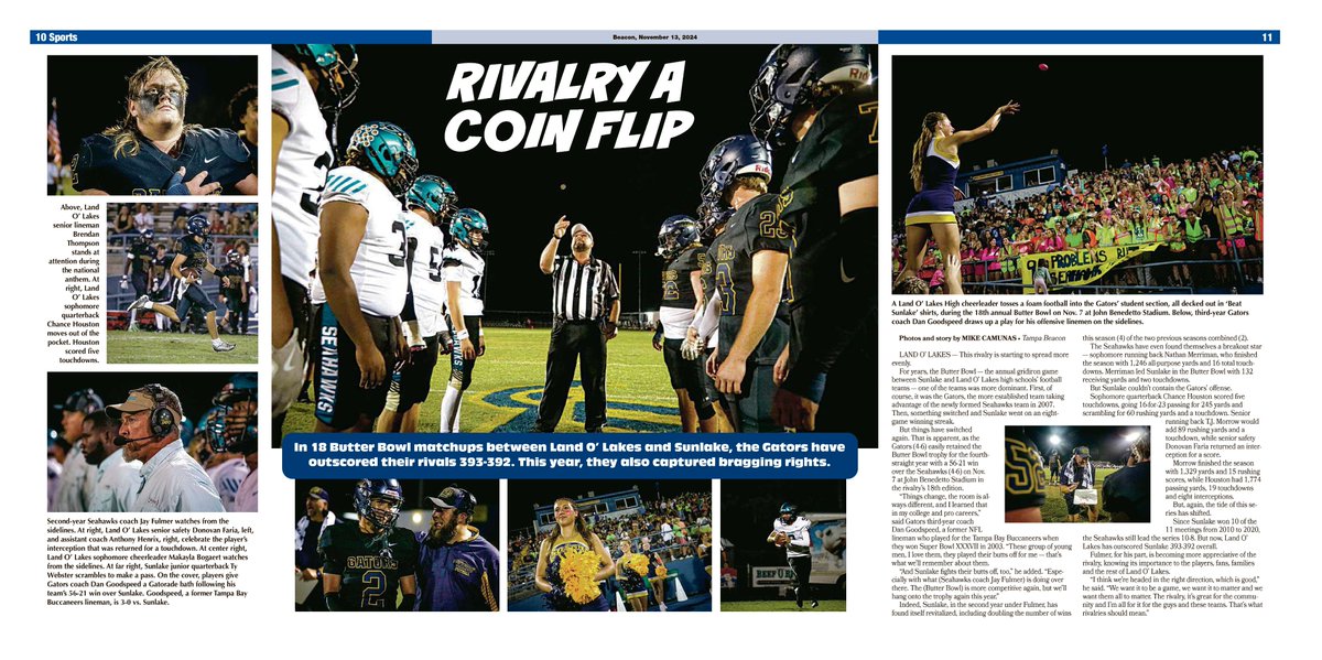 MikeCamunas's tweet photo. #ButterBowl double truck and front cover for the Nov. 13 @BeaconTampa feat. @LOLGatorsFB &amp; @SunlakeFootball. #localjournalism #photojournalism #hsfootball @APSE_sportmedia https://t.co/ISE0o6I0nb