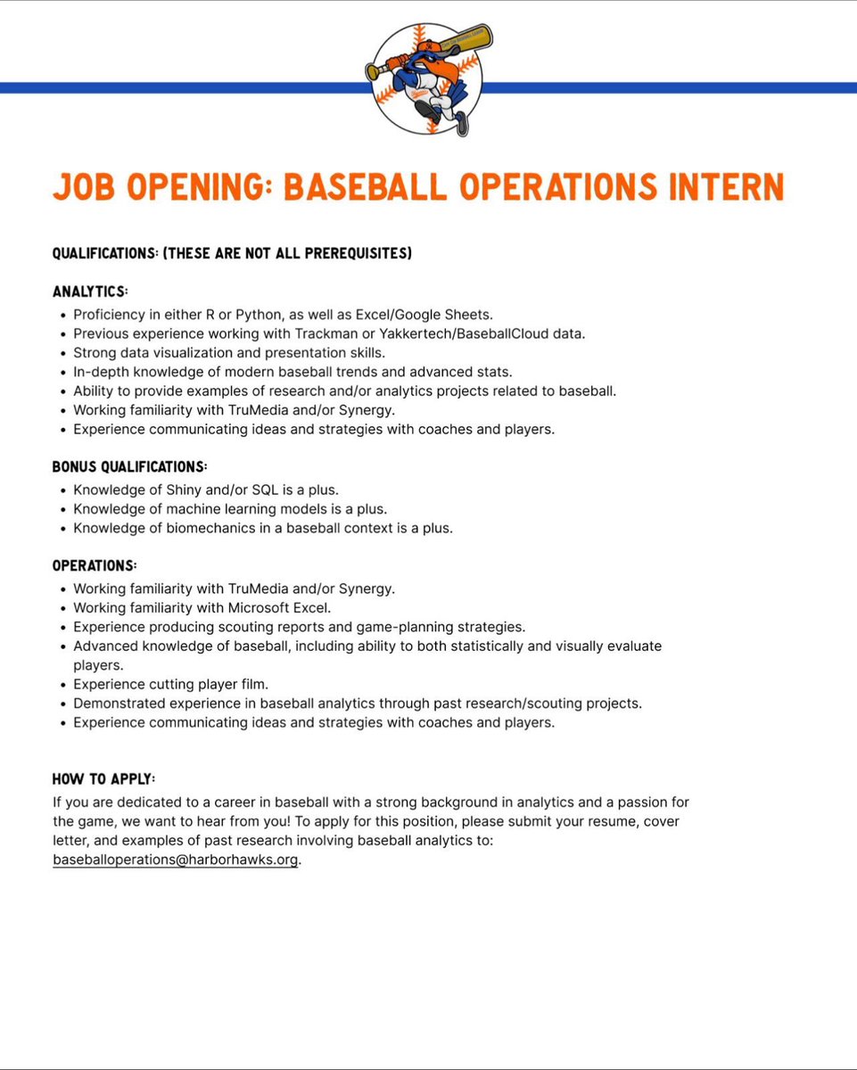 Cole Velis (@cole10velis) on Twitter photo College students looking for a career in baseball, the Harbor Hawks are opening our internship applications in baseball operations and analytics for the summer of '25! We look forward to seeing your applications! #RollHawks
<a href="/darvari_mazdak/">Mazdak Darvari</a> <a href="/zachchase24/">Zach Chase</a> <a href="/nicholasmilo/">Nick Johnson</a> College students looking for a career in baseball, the Harbor Hawks are opening our internship applications in baseball operations and analytics for the summer of '25! We look forward to seeing your applications! #RollHawks
<a href="/darvari_mazdak/">Mazdak Darvari</a> <a href="/zachchase24/">Zach Chase</a> <a href="/nicholasmilo/">Nick Johnson</a>