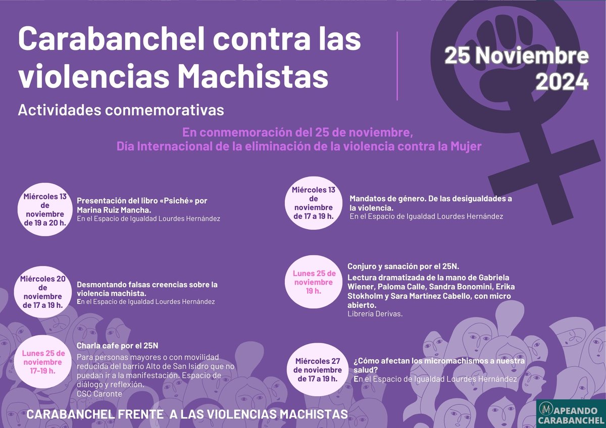 #DiaInternacionalDeEliminacionDeLaViolenciaContraLasMujeres
Aquí podéis encontrar todas las actividades que se realizarán en el distrito de Carabanchel desde los recursos que formamos parte de Mapeando Carabanchel así como la #ActividadComunitaria que se hará el 25 por la mañana.