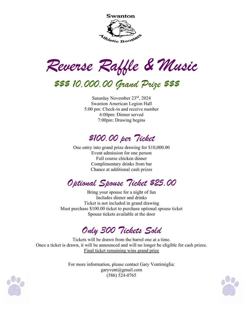 SHSAthleticBoosters (@shs_booster) on Twitter photo We are 10 days out from the Reverse Raffle and we still have some open tickets! PM us, contact your favorite booster, or email garyvent@gmail.com if interested! <a href="/SwantonAD/">Swanton Athletics</a> <a href="/swantonsports/">SHS Athletics</a> We are 10 days out from the Reverse Raffle and we still have some open tickets! PM us, contact your favorite booster, or email garyvent@gmail.com if interested! <a href="/SwantonAD/">Swanton Athletics</a> <a href="/swantonsports/">SHS Athletics</a>