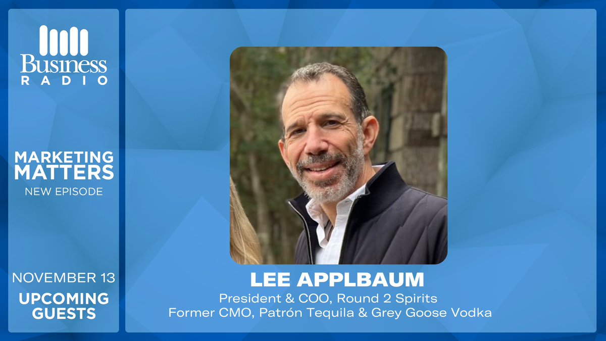 Wharton Marketing Matters (@sxmmarketing) on Twitter photo ⭐️SPECIAL GUEST⭐️
TODAY at 5pm ET - Brand Guy <a href="/LeeApplbaum/">Lee Applbaum</a> joins <a href="/AmReed2/">Dr. Americus Reed II</a> to talk about leading #Marketing & Brand Building <a href="/Patron/">Patrón Tequila</a> <a href="/GreyGoose/">Grey Goose</a> <a href="/WheelsUp/">Wheels Up</a> AND his new venture <a href="/Round2Spirits/">Round2Spirits</a> with their first product <a href="/WeberRanchVodka/">Weber Ranch Vodka</a>🍸#disruption
🔊Tune in on <a href="/SXMBusiness/">SiriusXM Business Radio</a>🔊 ⭐️SPECIAL GUEST⭐️
TODAY at 5pm ET - Brand Guy <a href="/LeeApplbaum/">Lee Applbaum</a> joins <a href="/AmReed2/">Dr. Americus Reed II</a> to talk about leading #Marketing & Brand Building <a href="/Patron/">Patrón Tequila</a> <a href="/GreyGoose/">Grey Goose</a> <a href="/WheelsUp/">Wheels Up</a> AND his new venture <a href="/Round2Spirits/">Round2Spirits</a> with their first product <a href="/WeberRanchVodka/">Weber Ranch Vodka</a>🍸#disruption
🔊Tune in on <a href="/SXMBusiness/">SiriusXM Business Radio</a>🔊