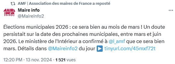 🔔Grande nouvelle pour tous les communicants publics en ville et en agglo ! 🎉L'info que nous attendions vient de tomber : les élections municipales 2026 auront lieu en mars ! Merci à <a href="/l_amf/">AMF | Association des maires de France</a> pour la confirmation. Détails ici : tinyurl.com/45mxf72t #Municipales2026 #Compublique