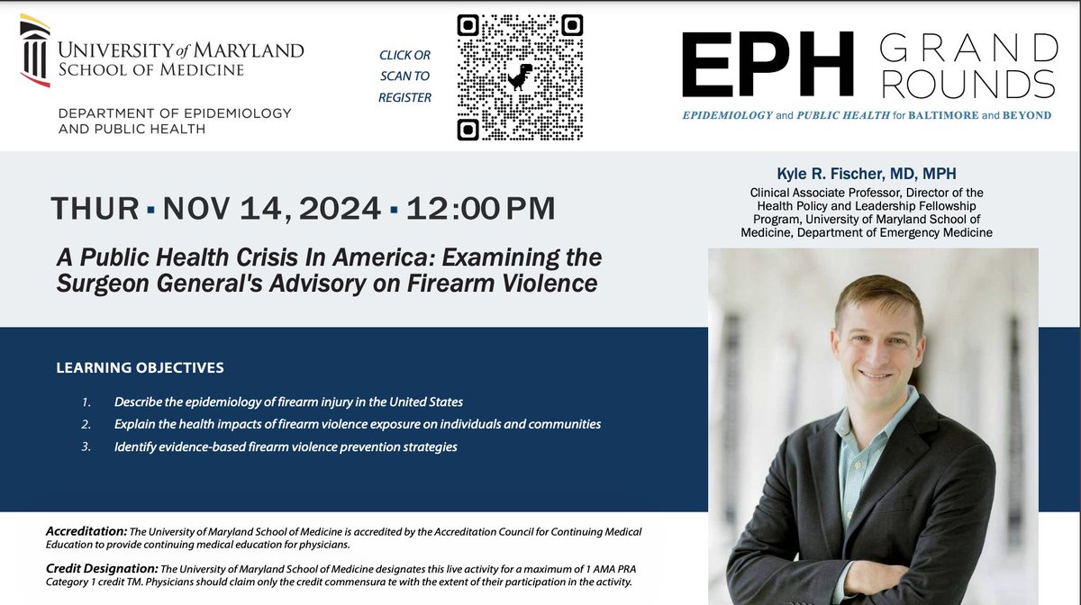 Join us virtually at noon tomorrow, Nov 14, 2024, for another edition of EPH Grand Rounds. It features Dr. Kyle Fischer, who will discuss the public health crisis in America. #publichealth #firearmviolence . Click the link to register. umaryland.zoom.us/meeting/regist…