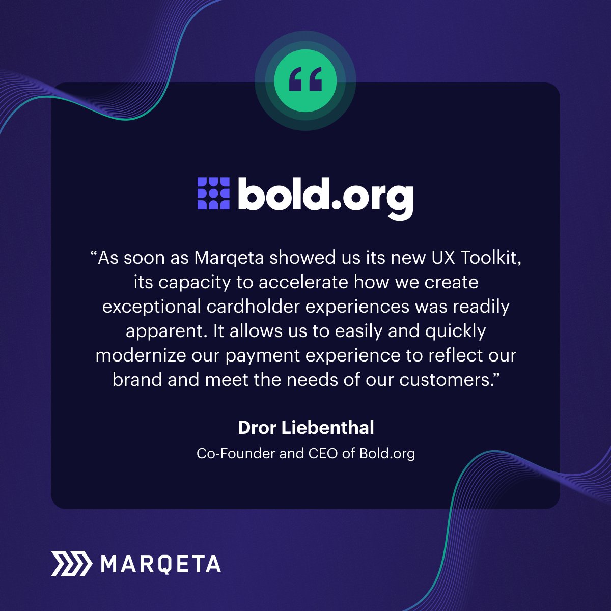 marqeta's tweet image. UX Toolkit will have a lasting impact on front-end experiences, empowering our customers to create branded, unique interactions for their cardholders.
Our customer Bold.org shares why they're excited about UX Toolkit. Discover more 👉 bit.ly/40KMOoX