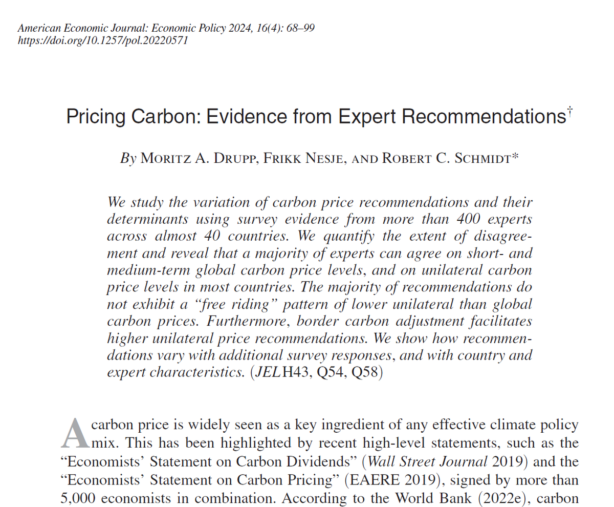 Frikk Nesje (@frikknesje) on Twitter photo New <a href="/AEAjournals/">AEA Journals</a> paper with <a href="/MoritzDrupp/">MoritzDrupp</a> & Robert Schmidt studies carbon price recommendations by >400 experts. We find a clear consensus on higher carbon prices, which help meet climate goals & reduce reliance on autocrats. See what experts can(not) agree on.
#EconTwitter New <a href="/AEAjournals/">AEA Journals</a> paper with <a href="/MoritzDrupp/">MoritzDrupp</a> & Robert Schmidt studies carbon price recommendations by >400 experts. We find a clear consensus on higher carbon prices, which help meet climate goals & reduce reliance on autocrats. See what experts can(not) agree on.
#EconTwitter