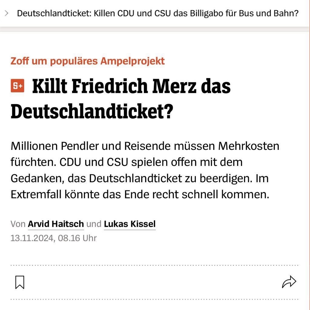 Das #Deutschlandticket hat 13 Mio. Nutzer*innen. Junge Menschen, Pendler*innen, Familien und das Klima profitieren. 

Für die CDU, Friedrich #Merz und seinen „Politischen Neuanfang“ Grund genug, es abzuschaffen.