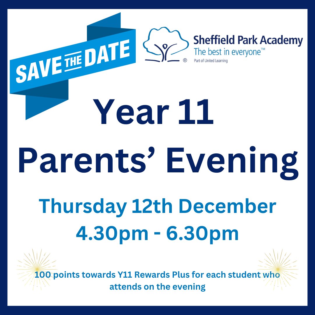 SAVE THE DATE

📣 Year 11 Parents’ Evening

📅 Thursday 30th November

🕔 4.30pm – 6.30pm

Bookings open on 29th November.

Mock exam results and feedback will be available for collection.