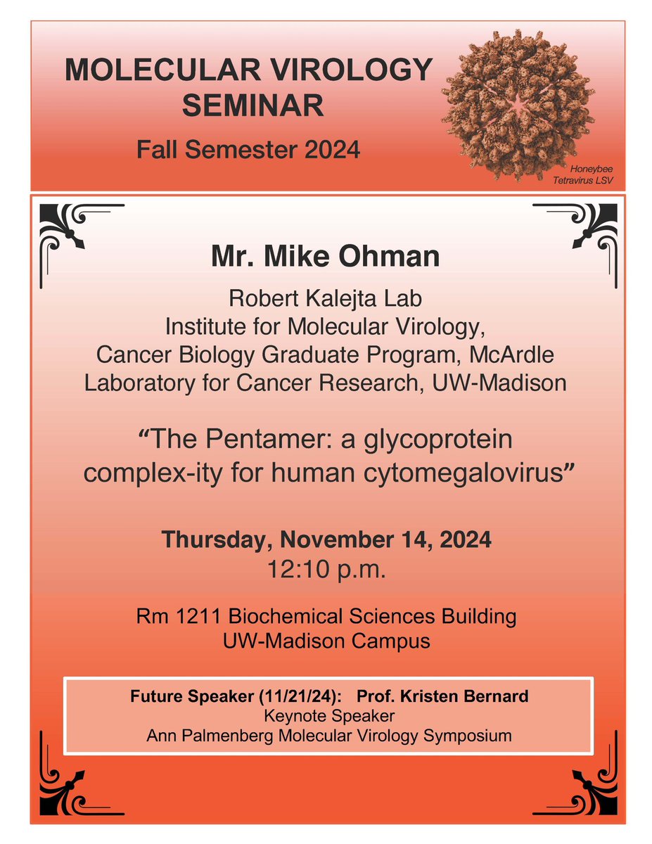 MadisonVirology (@madisonvirology) on Twitter photo Join us for Molecular Virology Seminar tomorrow to hear from <a href="/McArdleLab/">McArdle Laboratory</a> grad student Mike Ohman about his thesis work in the <a href="/KalejtaLab/">Kalejta Lab</a> on the human cytomegalovirus Pentamer glycoprotein complex! Join us for Molecular Virology Seminar tomorrow to hear from <a href="/McArdleLab/">McArdle Laboratory</a> grad student Mike Ohman about his thesis work in the <a href="/KalejtaLab/">Kalejta Lab</a> on the human cytomegalovirus Pentamer glycoprotein complex!