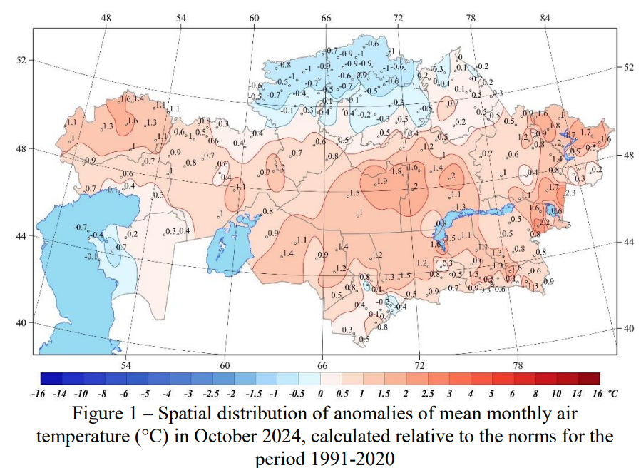 extremetemps's tweet photo. October 2024 in #Kazakhstan was mostly warm and had temperature anomalies between -1C and +2.3C (left map).
It was dry in the North but exceptionally wet in the South with precipitation anomalies between 28% and 514% of normal (right map).
Maps by Kazakh Hydromet. https://t.co/aeNvuQsSqq