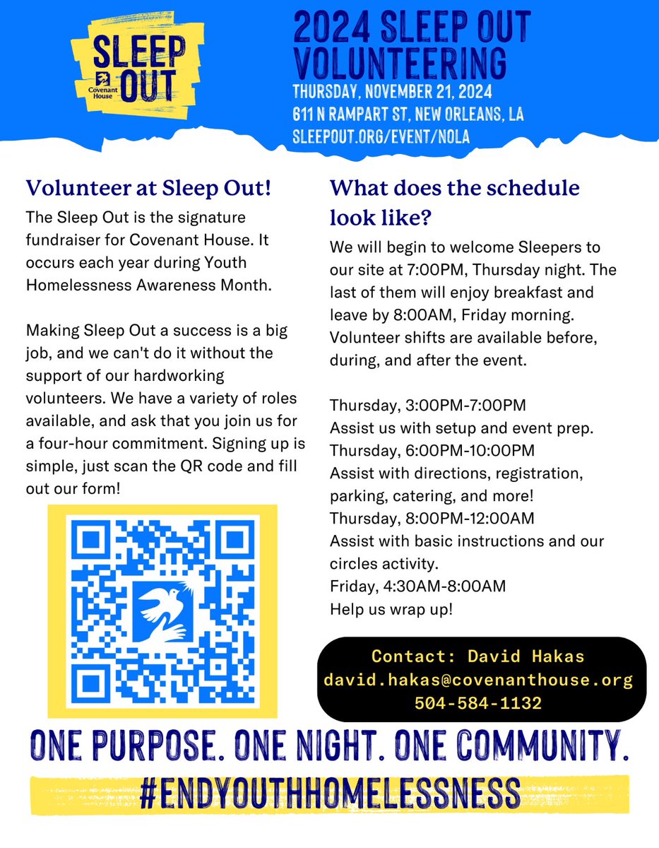 Want to be a part of something meaningful? Volunteer for the upcoming Covenant House Sleep Out and help make a positive impact on the lives of homeless youth in New Orleans! 
#CovenantHouseNola #endyouthhomelessness