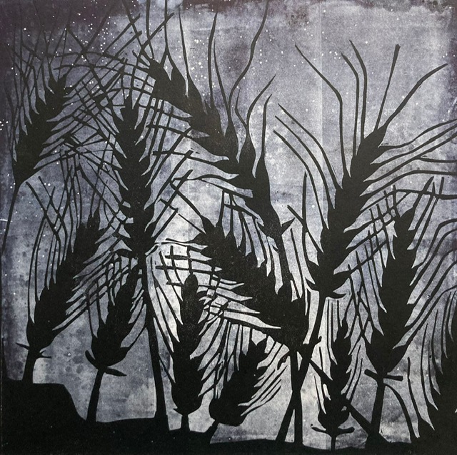 SchoolofBooze's tweet image. Maltsters &amp;amp; brewers - here is the artwork you need.  Barley at night in a field in the North Yorks Moors - a lino reduction print by my ultra talented sister @HelenPeyton from when she was artist in residence for the national park's Dark Skies Reserve celebration.