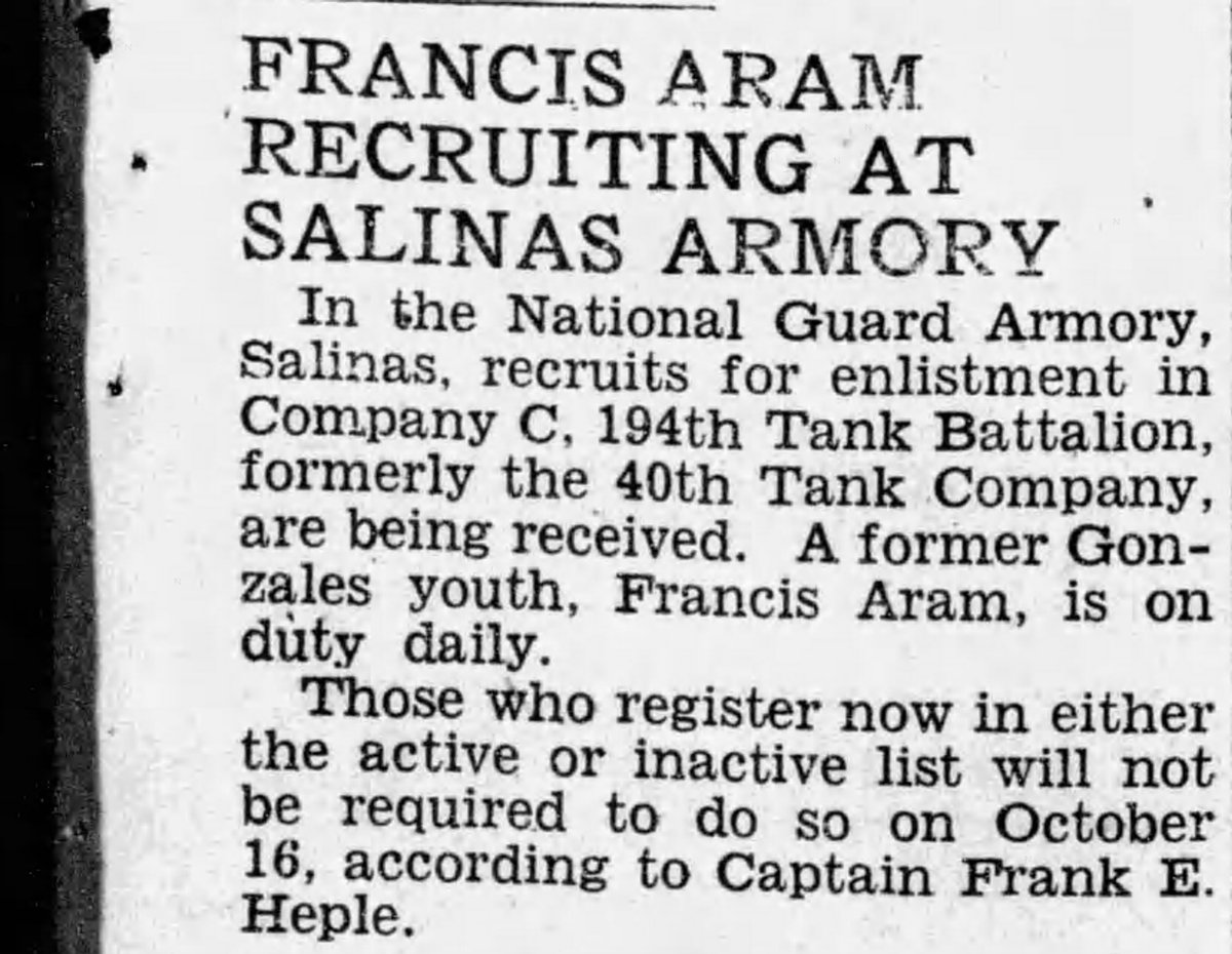 WW2Researcher's tweet image. Sergeant Francis E. Aram, of Salinas, California, and Company C of the 194th Tank Battalion, died of beri beri at Camp Cabanatuan, Luzon, on November 13, 1942, 82 years ago today. @WW2Researcher #POWMIA #194thTankBattalion