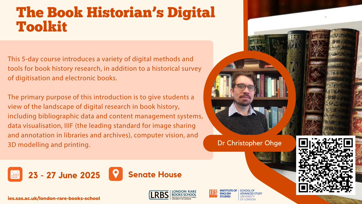 IES (@ies_london) on Twitter photo <a href="/LondonRareBooks/">LRBS</a> @michaelwdurrant <a href="/stbridefdn/">St Bride Foundation</a> 4.🧰 💻Join Dr Christopher Ohge <a href="/cmohge/">Christopher Ohge</a> in 'The Book Historian's Digital Toolkit' to be introduced to a variety of digital methods and tools for book history research, and a historical survey of digitisation and electronic books.
Enrol here: buff.ly/3UGDluD <a href="/LondonRareBooks/">LRBS</a> @michaelwdurrant <a href="/stbridefdn/">St Bride Foundation</a> 4.🧰 💻Join Dr Christopher Ohge <a href="/cmohge/">Christopher Ohge</a> in 'The Book Historian's Digital Toolkit' to be introduced to a variety of digital methods and tools for book history research, and a historical survey of digitisation and electronic books.
Enrol here: buff.ly/3UGDluD