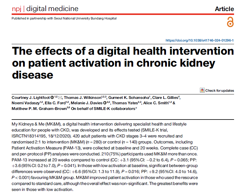 A #digitalhealth intervention for people with chronic kidney disease (CKD) improved patient engagement in:
1) those who engaged with the programme, and 
2) those with low levels of pre-existing activation. 

"As higher levels of patient activation are associated with better
