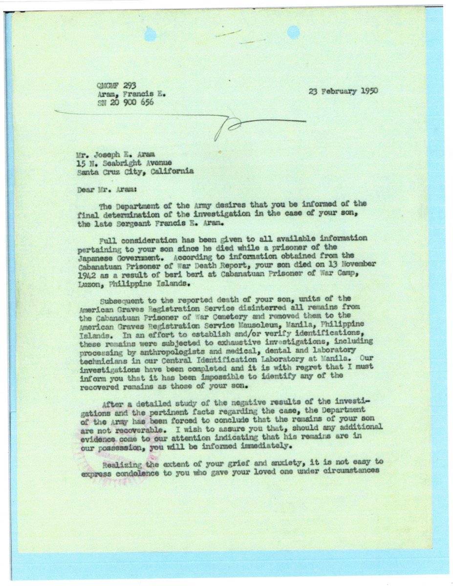 WW2Researcher's tweet image. Sergeant Francis E. Aram, of Salinas, California, and Company C of the 194th Tank Battalion, died of beri beri at Camp Cabanatuan, Luzon, on November 13, 1942, 82 years ago today. @WW2Researcher #POWMIA #194thTankBattalion