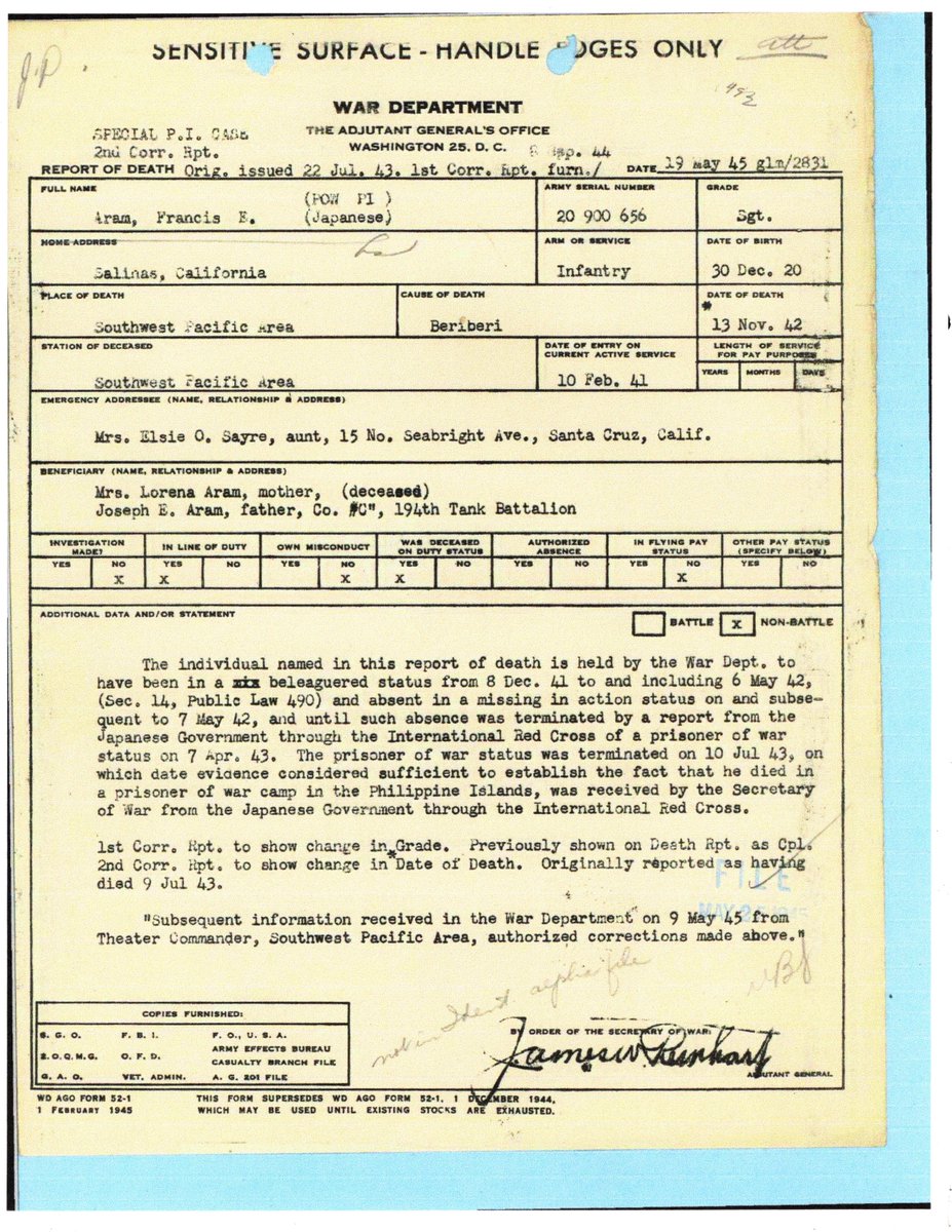 WW2Researcher's tweet image. Sergeant Francis E. Aram, of Salinas, California, and Company C of the 194th Tank Battalion, died of beri beri at Camp Cabanatuan, Luzon, on November 13, 1942, 82 years ago today. @WW2Researcher #POWMIA #194thTankBattalion