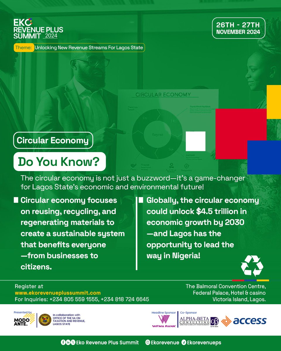 Lagos, let’s turn waste into wealth! 
Join us at the Eko Revenue Plus Summit 2024 (Nov 26-27) to explore the circular economy and its transformative potential. 
 Let’s create jobs, grow businesses, and build a sustainable future. 

 Balmoral Convention Center, VI