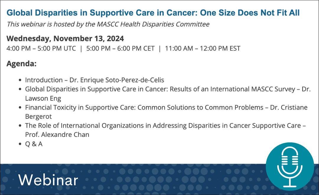 📣Join us in 1 hour for our <a href="/CancerCareMASCC/">MASCC</a> webinar on Global Disparities in Supportive Care in Cancer! Don’t miss insights from the stellar team <a href="/EnriqueSoto8/">Enrique Soto</a> <a href="/Lawson_Eng/">Lawson Eng</a> <a href="/alexchan928/">Alex Chan, PharmD, MPH</a>

See you there!

us02web.zoom.us/webinar/regist…