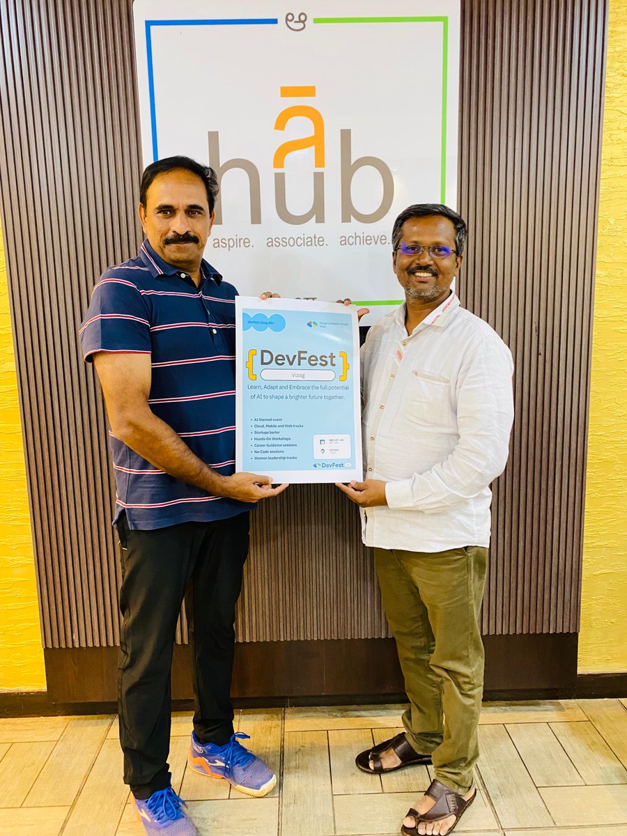 The official DevFest Vizag 2024 poster is out, thanks to the wonderful Ravi Eswarapu Garu, Chief Executive Officer of a-hub, Andhra University Incubation Council! 🚀✨

#DevFestVizag #GDGDevFest2024 #TechCommunity #RegisterNow