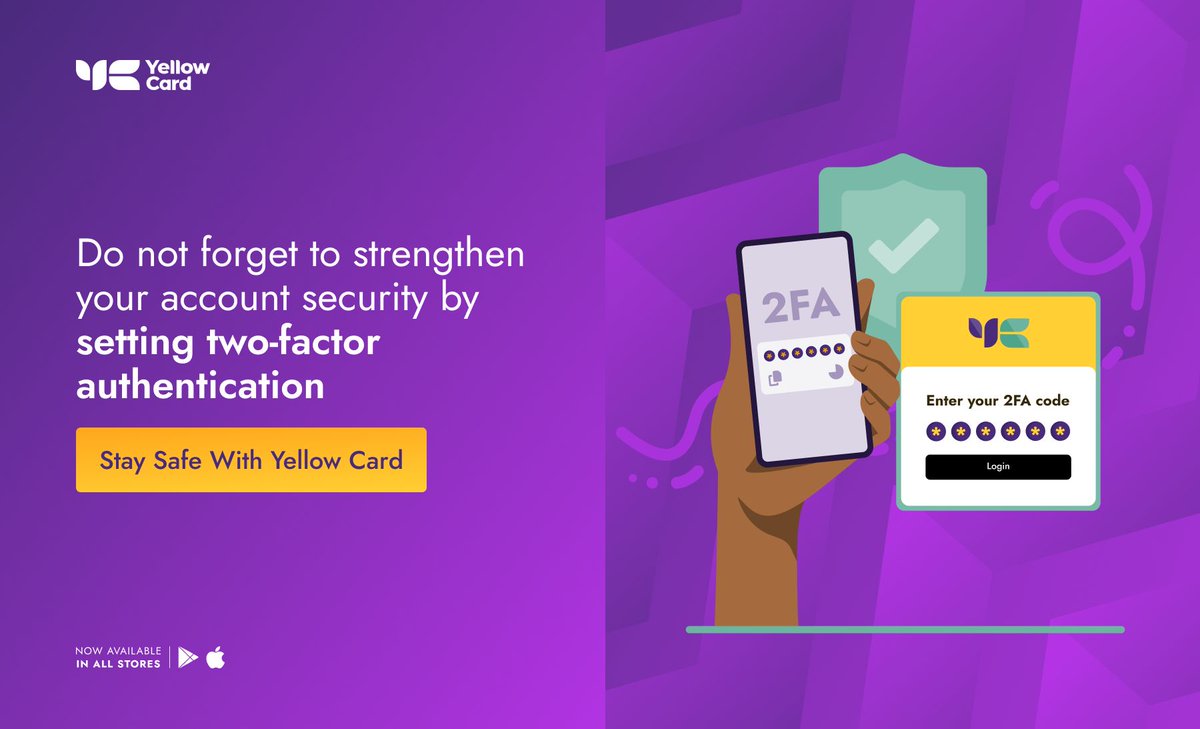 yellowcard_app's tweet image. Have you set up #2FA (2-factor authentication) on your Yellow Card account? 🤔

If not, this is your sign, and it&apos;s time to do it!  #AccountSecurity